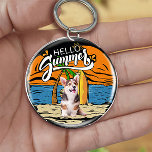 Corgi 2 Hello Summer-Round Resin Epoxy Metal Keychain