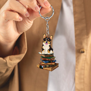 Corgi2-Sit On The Book-Flat Acrylic Keychain