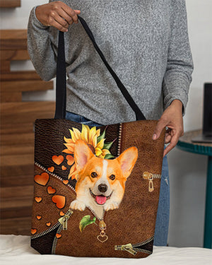 Corgi-Sunflower&zipper Cloth Tote Bag