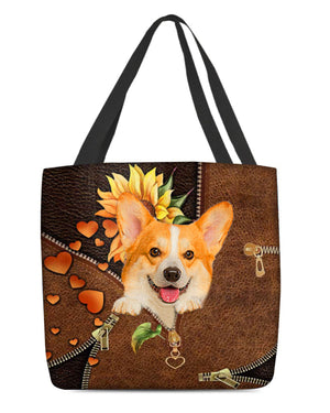 Corgi-Sunflower&zipper Cloth Tote Bag