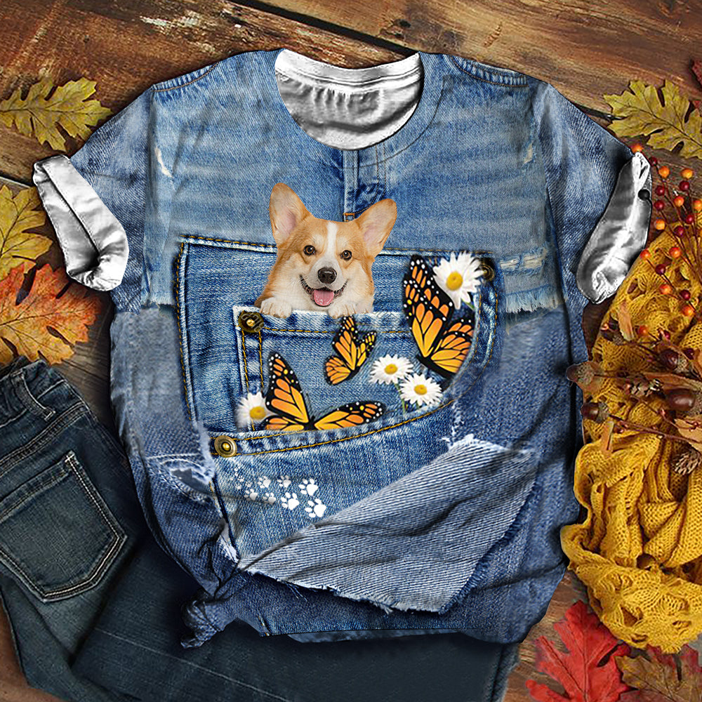 Corgi   Butterfly Daisies T-shirt