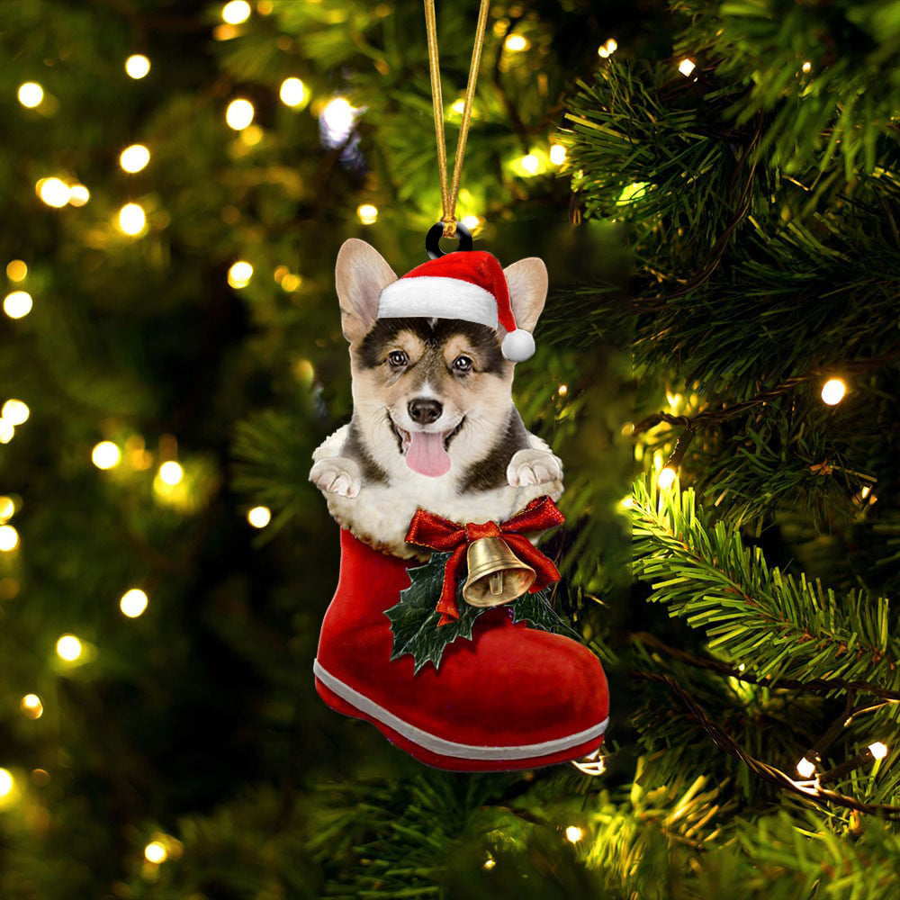 Corgi (2)-1-In Santa Boot Christmas-Two Sided Ornament