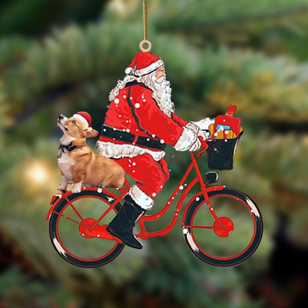 Santa Claus riding a bike with Corgi-Two Sided Ornament