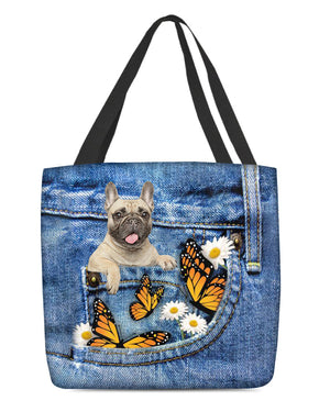 Cream-french-bulldog-Butterfly Daisies Fait-CLOTH TOTE BAG