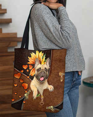 Cream French Bulldog-Sunflower&zipper Cloth Tote Bag