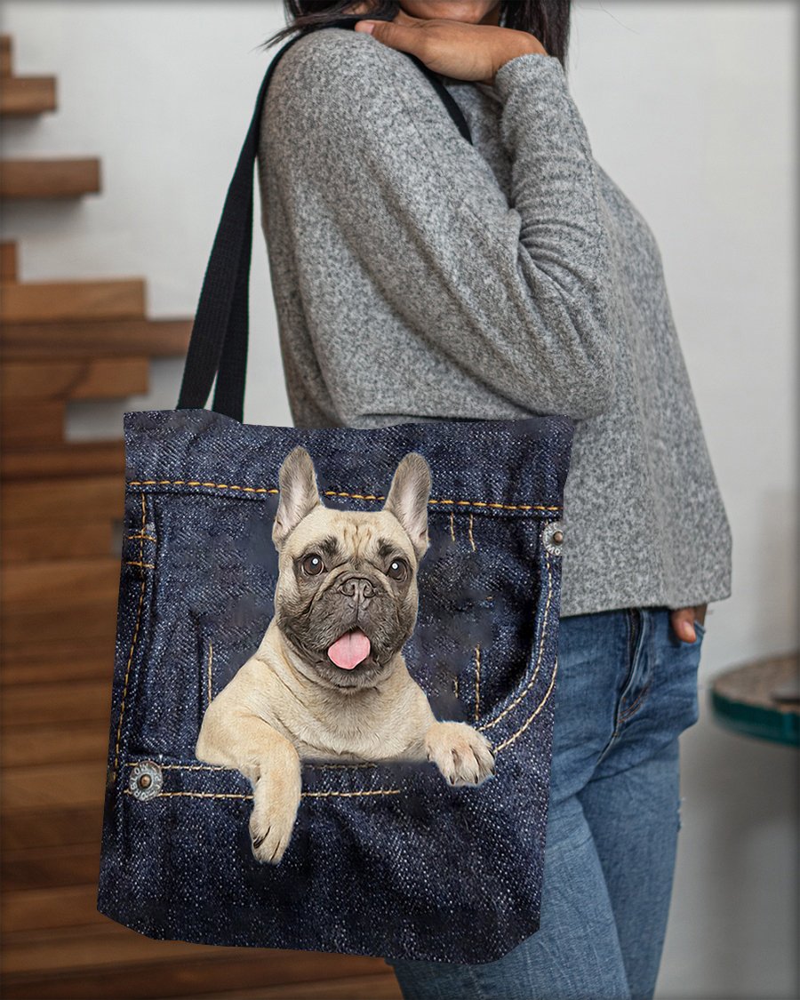 Cream French Bulldog-Dark Denim-Cloth Tote Bag