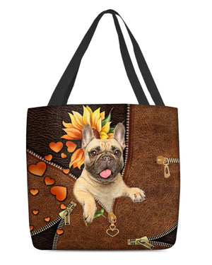 Cream French Bulldog-Sunflower&zipper Cloth Tote Bag