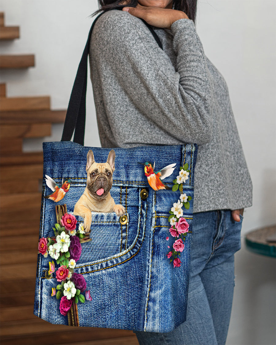 Cream French Bulldog-Cardinal & Cross Flower Cloth Tote Bag