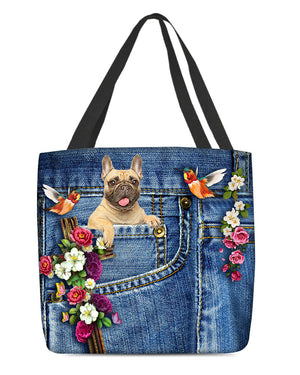 Cream French Bulldog-Cardinal & Cross Flower Cloth Tote Bag