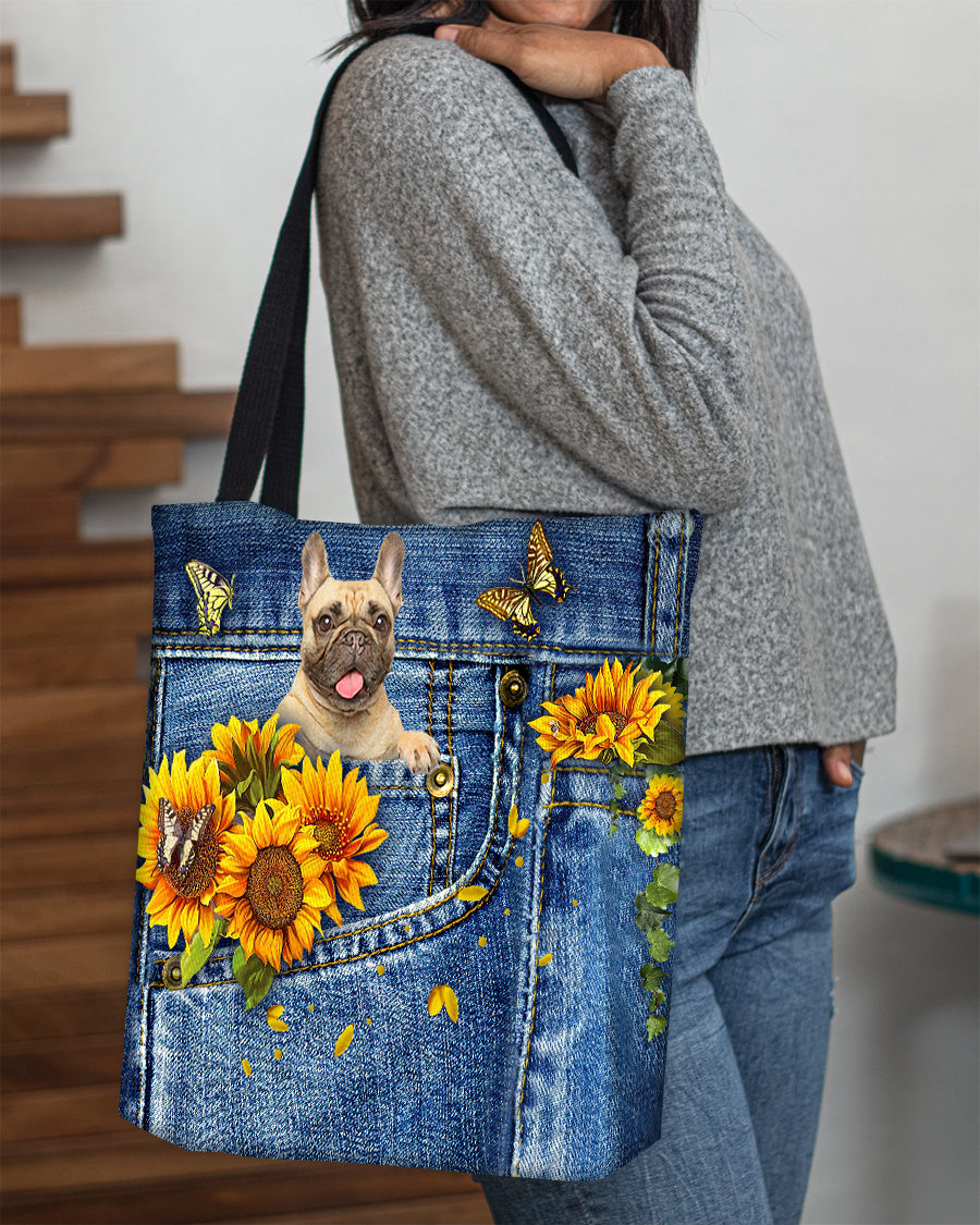 Cream French Bulldog-Sunflowers & Butterflies Cloth Tote Bag