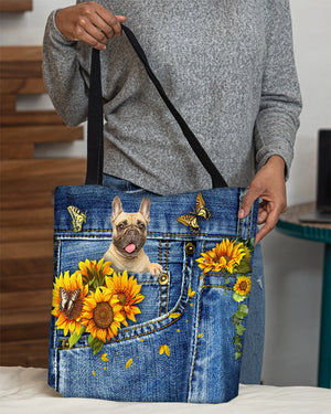 Cream French Bulldog-Sunflowers & Butterflies Cloth Tote Bag