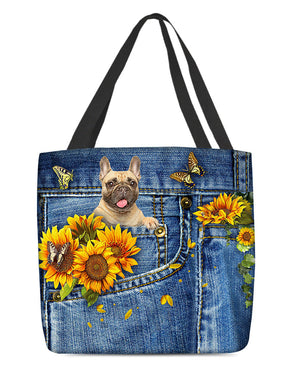 Cream French Bulldog-Sunflowers & Butterflies Cloth Tote Bag