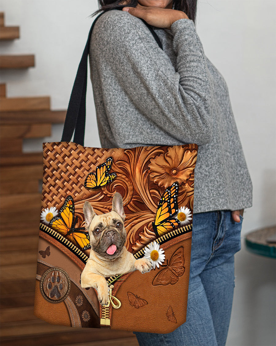 Cream French Bulldog Butterfly Daisy Cloth Tote Bag