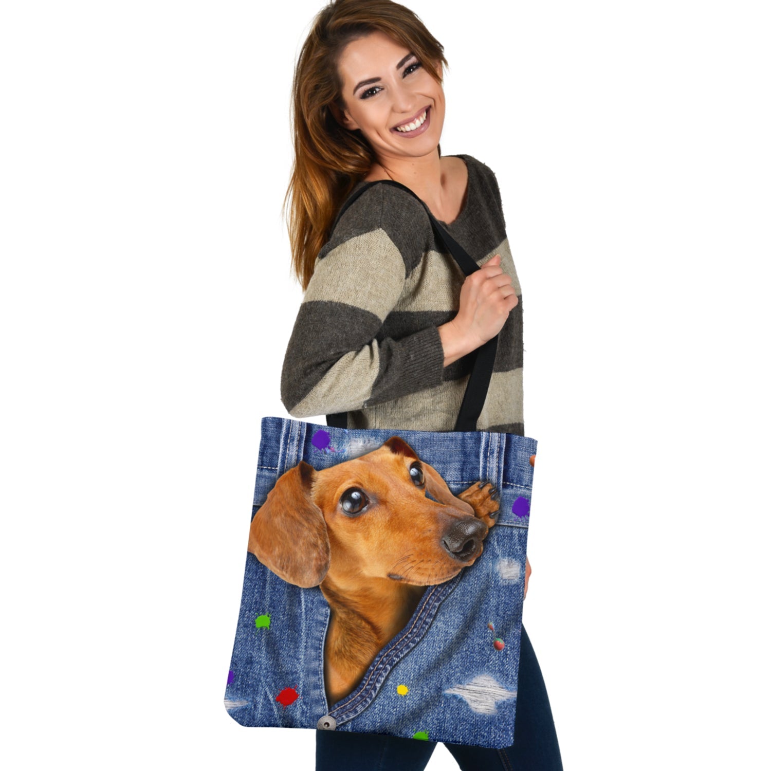 DACHSHUND POCKET-The Rainbow-Cloth Tote Bag