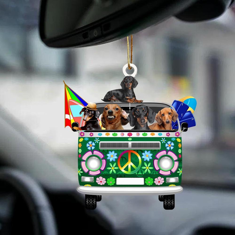 Dachshund-Green Hippie Van-Two Sided Ornament