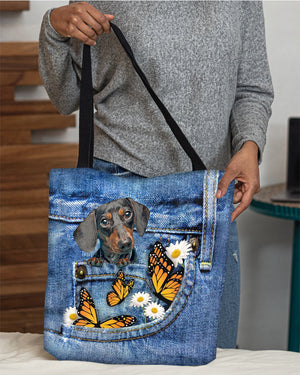 Dachshund-Butterfly Daisies Fait-CLOTH TOTE BAG