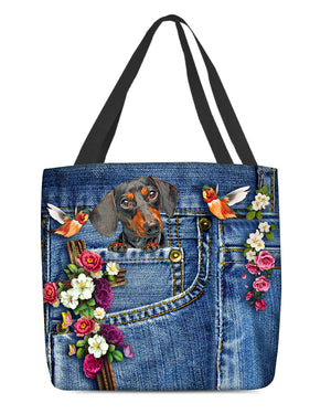 Dachshund-Cardinal & Cross Flower Cloth Tote Bag