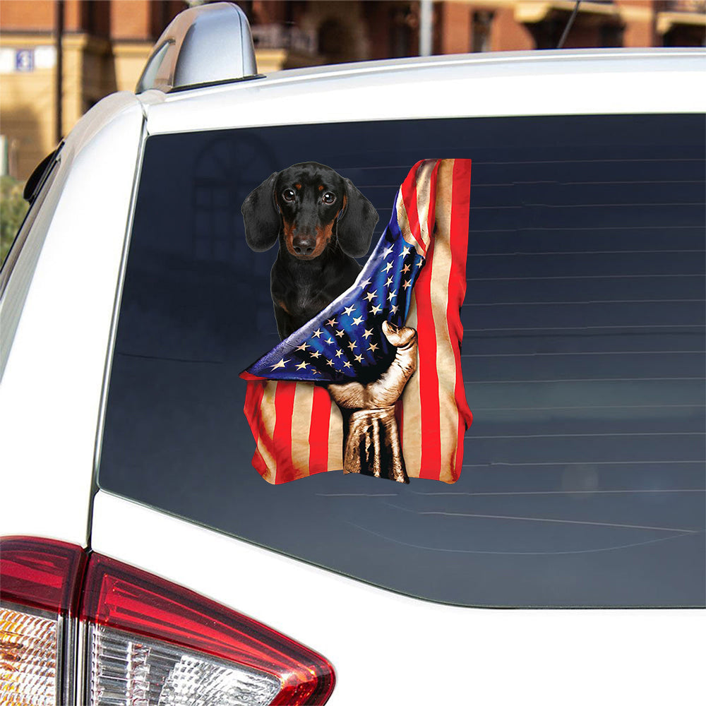 Dachshund 1-American Flag Front Car Sticker