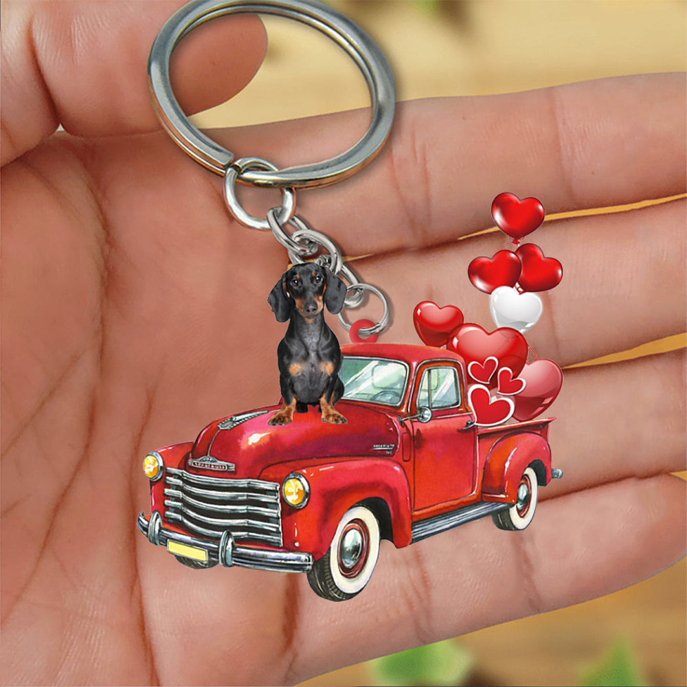 Dachshund 2-Red Sports Car flat Acrylic Keychain