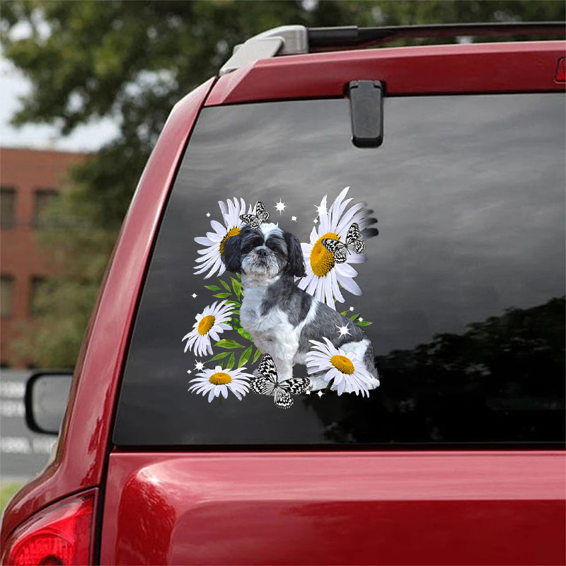 Black and White Shih Tzu-Daisy flower CAR STICKER