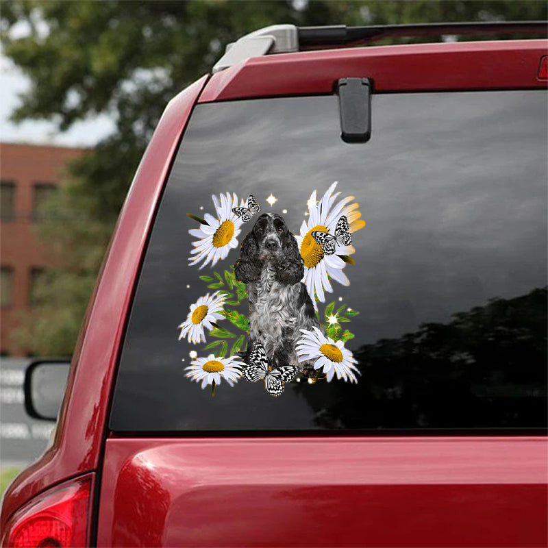 Blue roan Cocker Spaniel-Daisy flower CAR STICKER