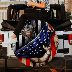 Doberman Pinscher Inside American Flag Independence Day Spare Tire Cover