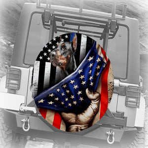 Doberman Pinscher Inside American Flag Independence Day Spare Tire Cover