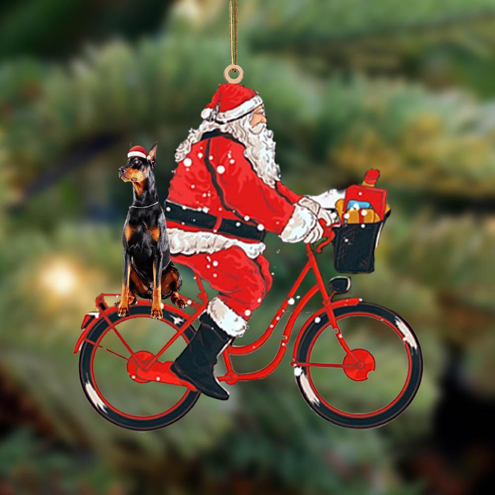 Santa Claus riding a bike with Doberman(1)-Two Sided Ornament