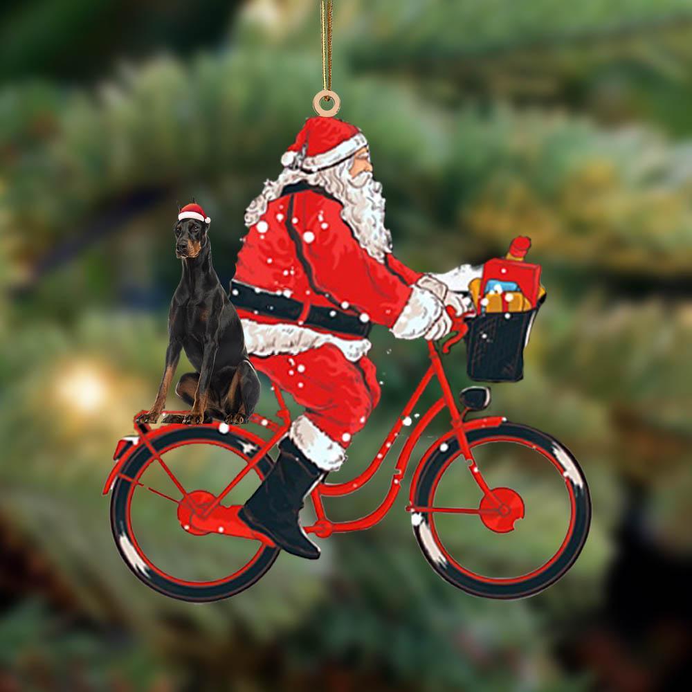 Santa Claus riding a bike with Doberman(2)-Two Sided Ornament