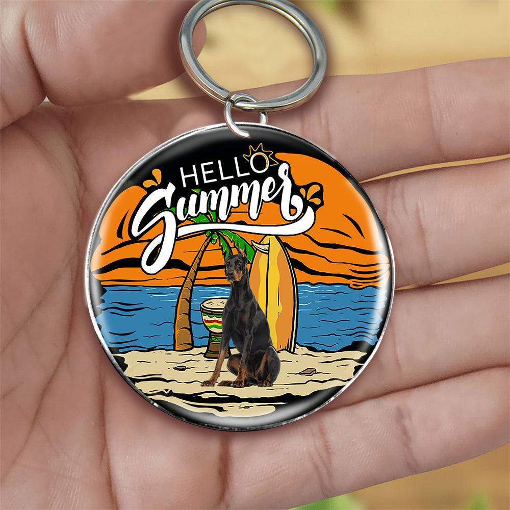 Dobermann Hello Summer-Round Resin Epoxy Metal Keychain