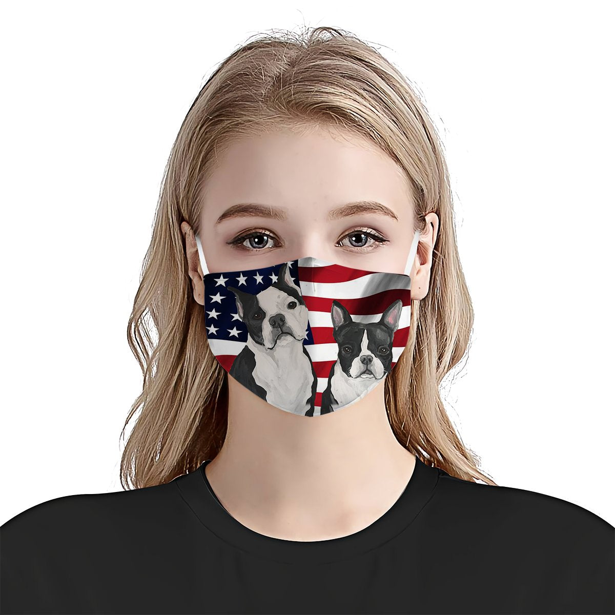 Boston Terrier Mom &amp; Puppy American Flag EZ07 1504 Face Mask