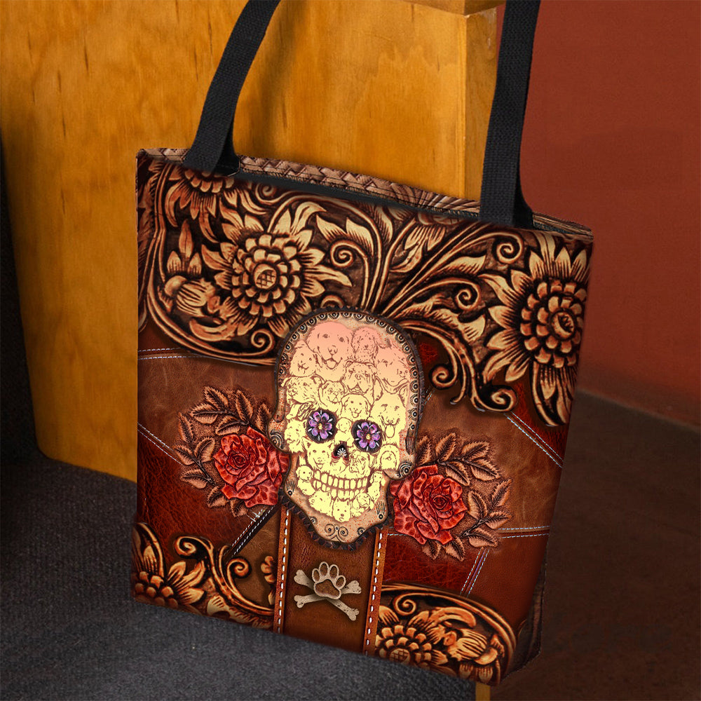 Dog 2 Skull Flower Cloth Tote Bag