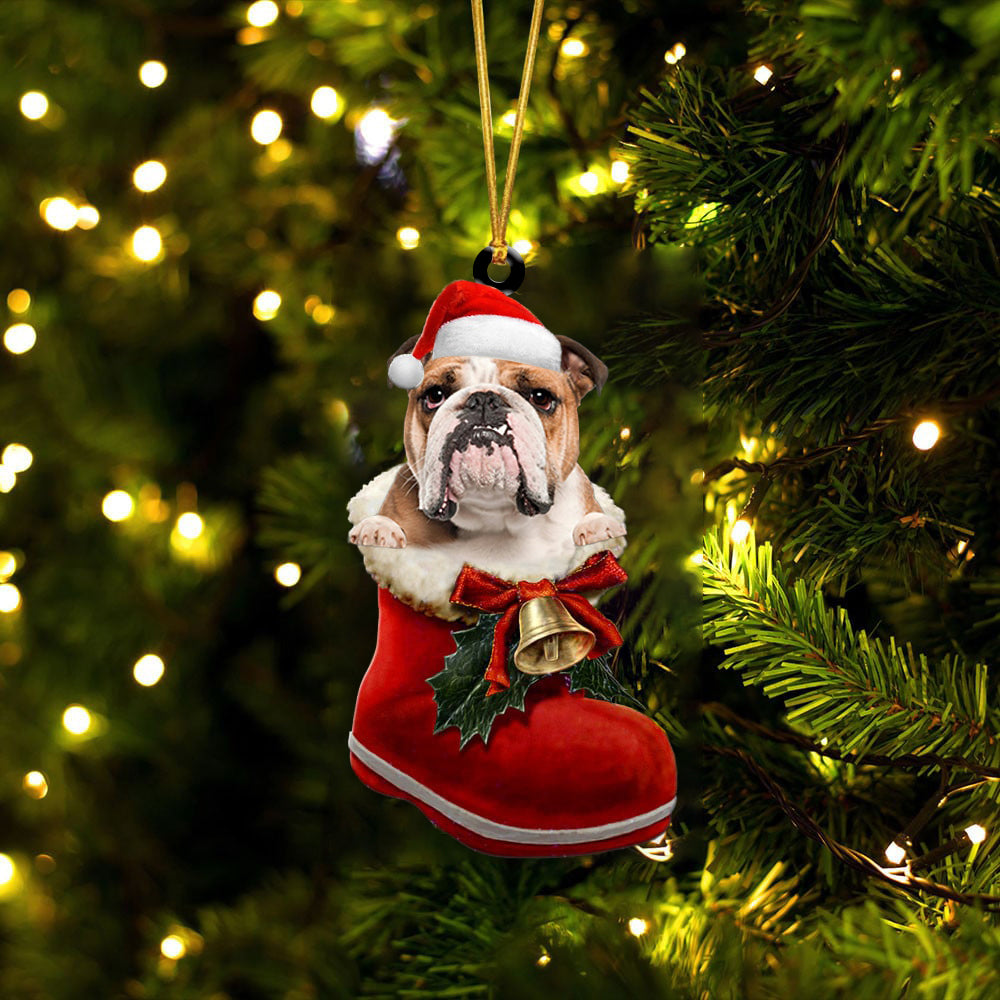 English Bulldog-1-In Santa Boot Christmas-Two Sided Ornament