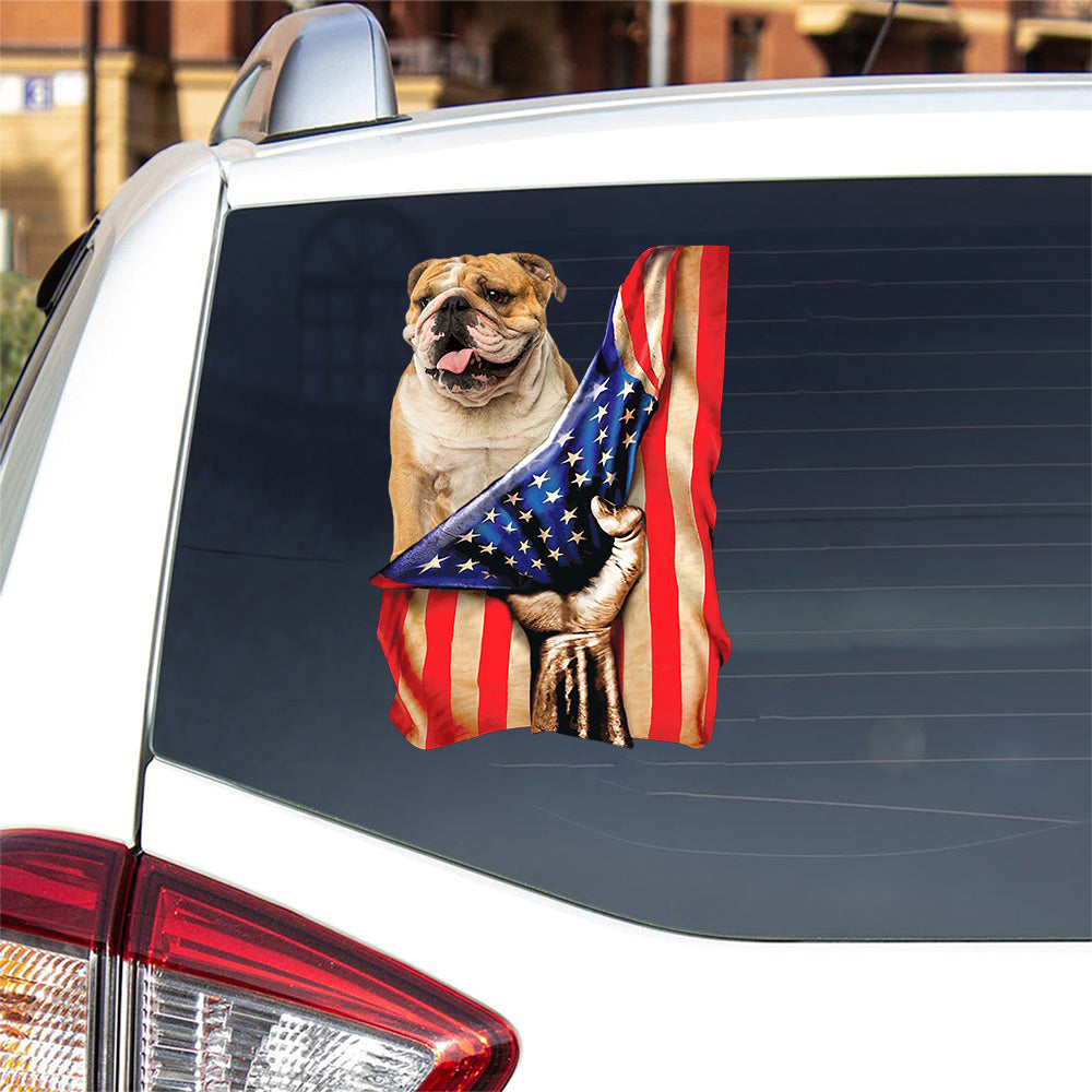 English Bulldog-American Flag Front Car Sticker