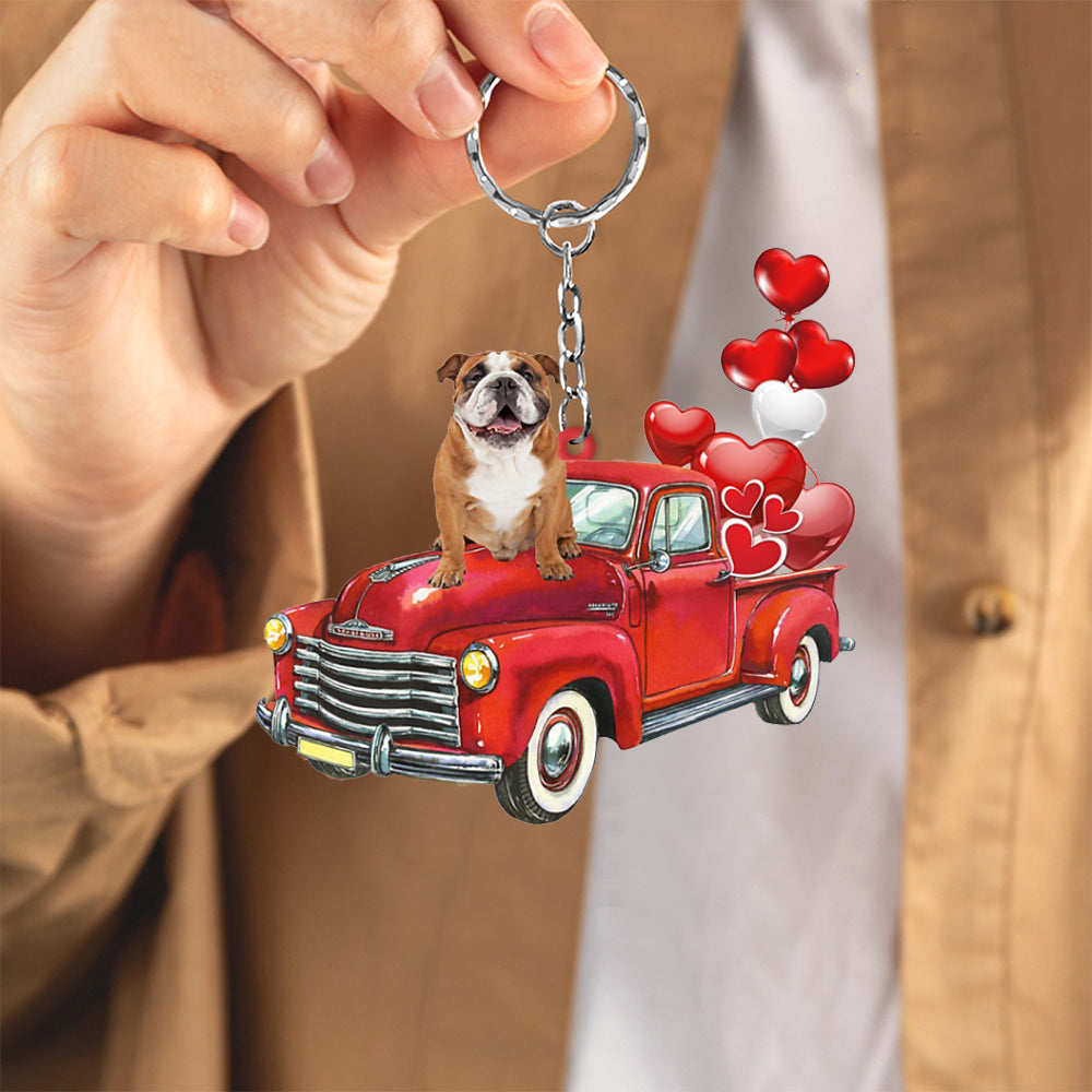 English Bulldog-Red Sports Car flat Acrylic Keychain