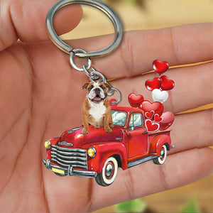 English Bulldog-Red Sports Car flat Acrylic Keychain