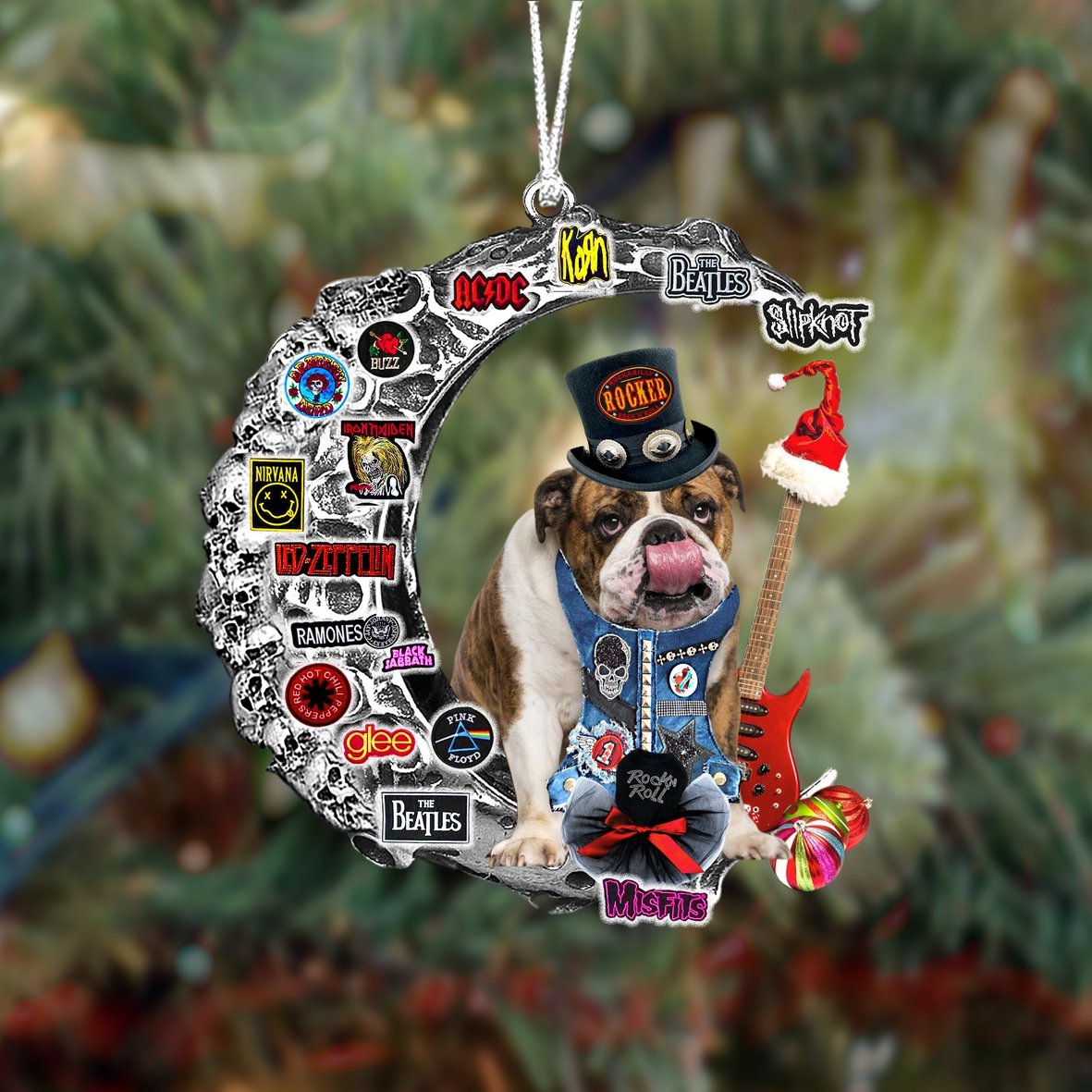 English Bulldog 2-Metal Rock in Christmas Two Sided Ornament