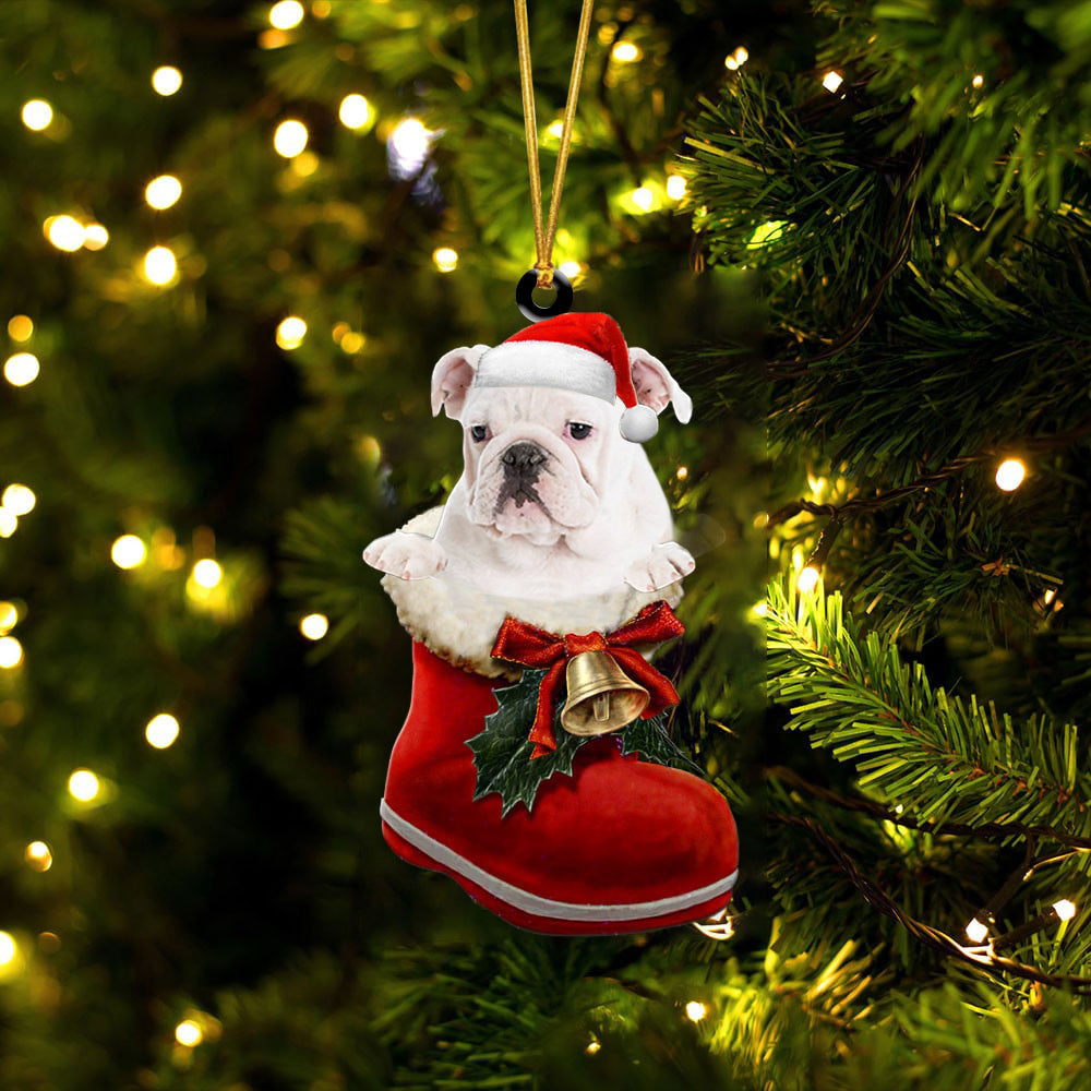 English Bulldog(White)-1-In Santa Boot Christmas-Two Sided Ornament