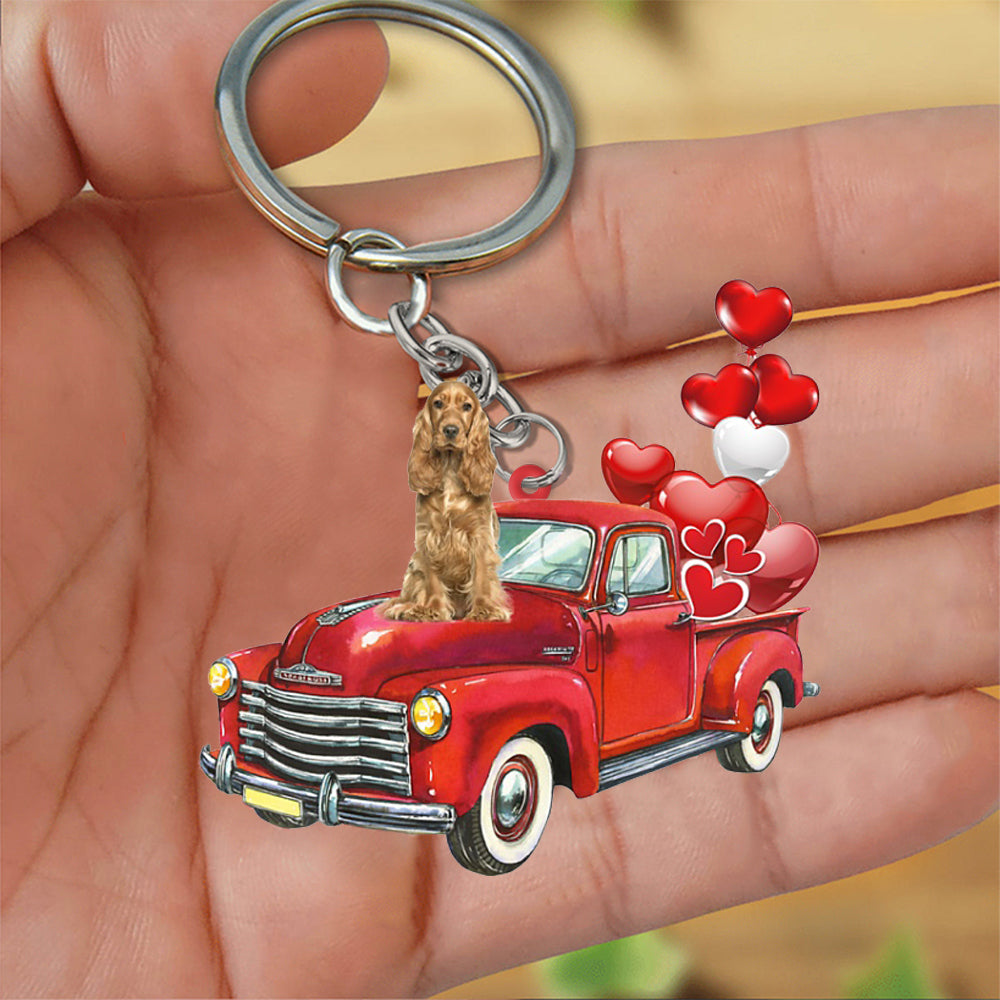 English Cocker Spaniel-Red Sports Car flat Acrylic Keychain