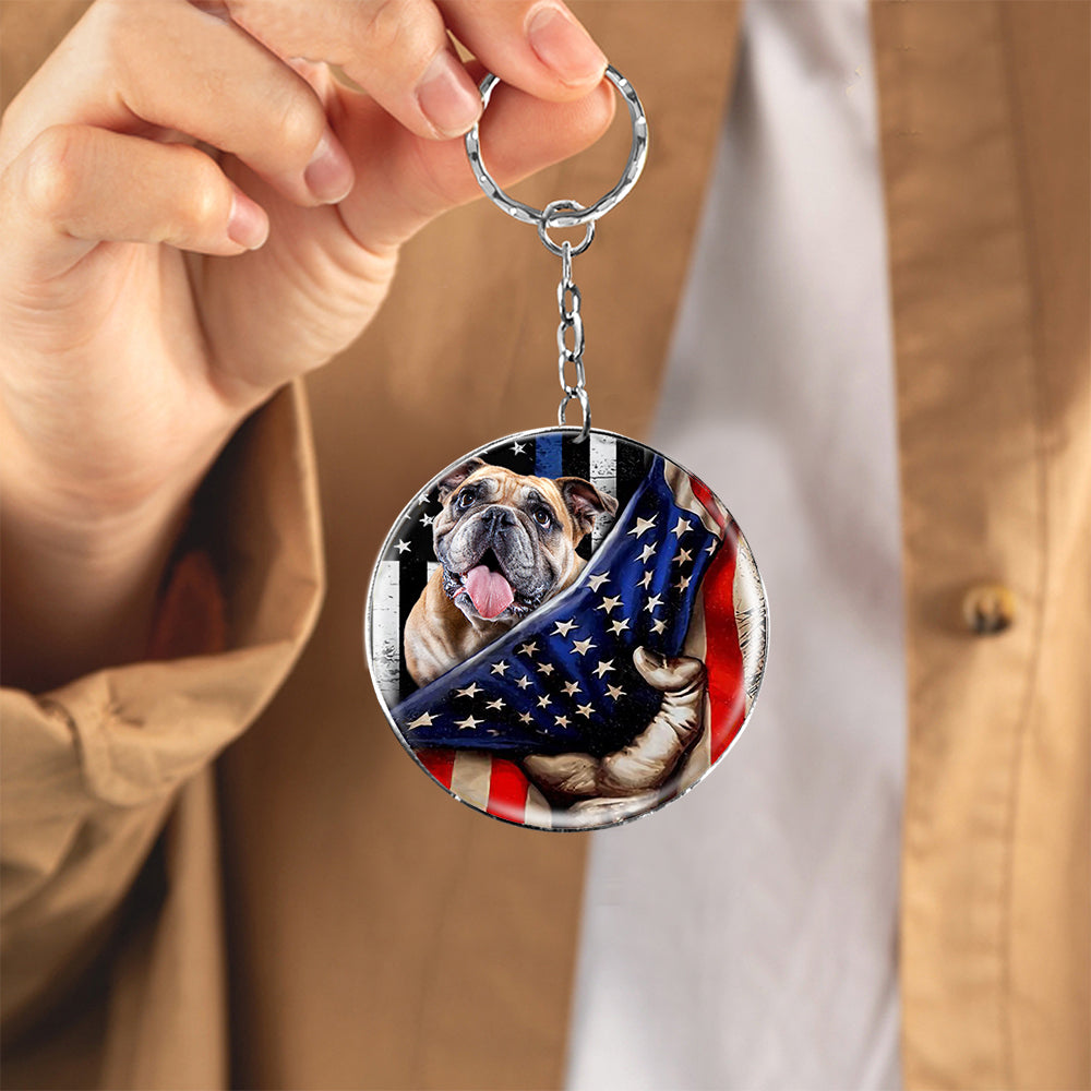 English bulldog 1-Inside American Flag Independence Day Round Resin Epoxy Metal Keychain