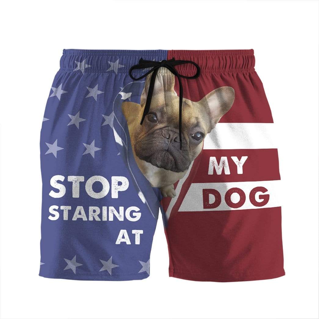 3D Stop staring at my dog French Bulldog Custom Beach Shorts Swim Trunks