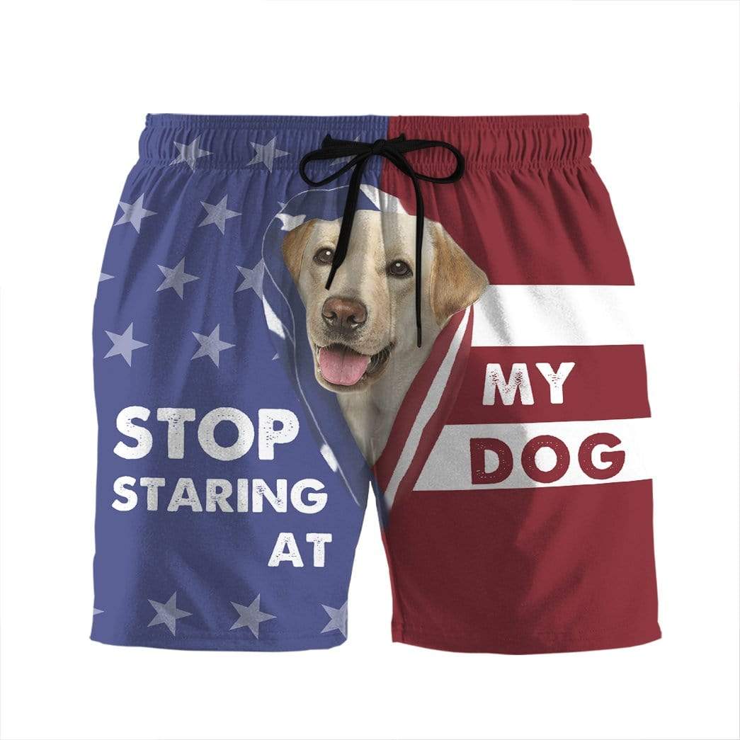 3D Stop staring at my dog Labrador Retriever Custom Beach Shorts Swim Trunks