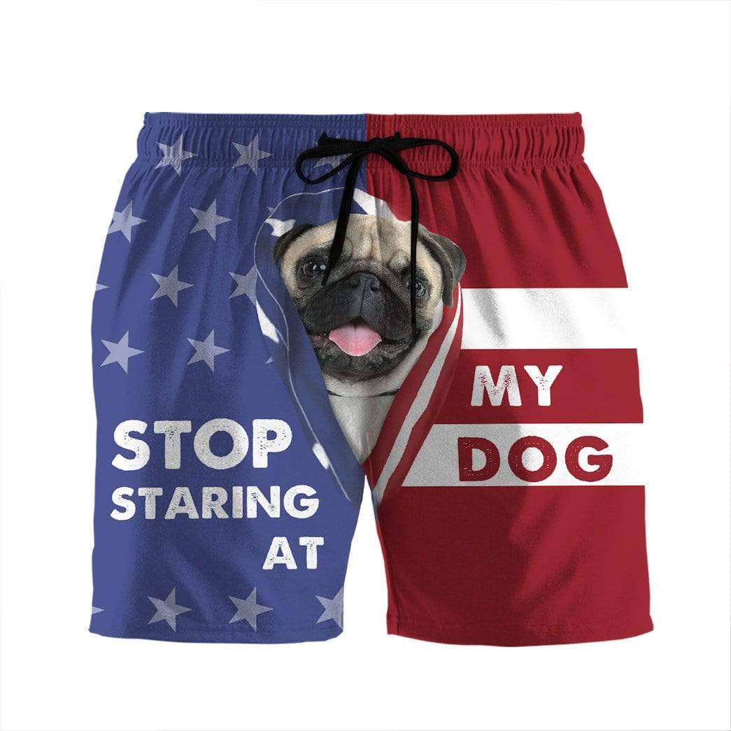 3D Stop staring at my dog Pug Custom Beach Shorts Swim Trunks