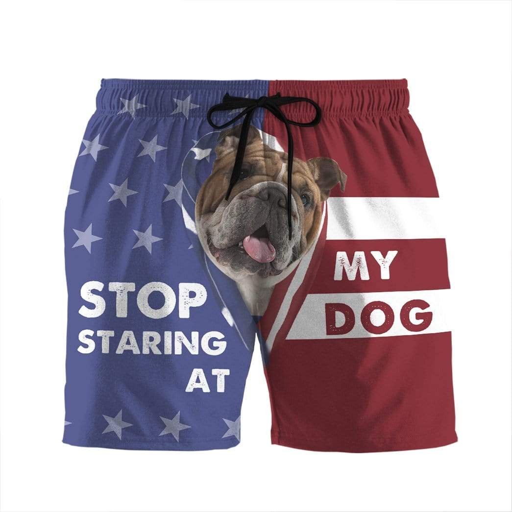 3D Stop staring at my dog Bulldog Custom Beach Shorts Swim Trunks