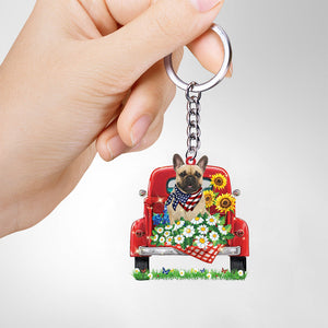 Fawn French Bulldog-Red Truck Flat Acrylic Keychain