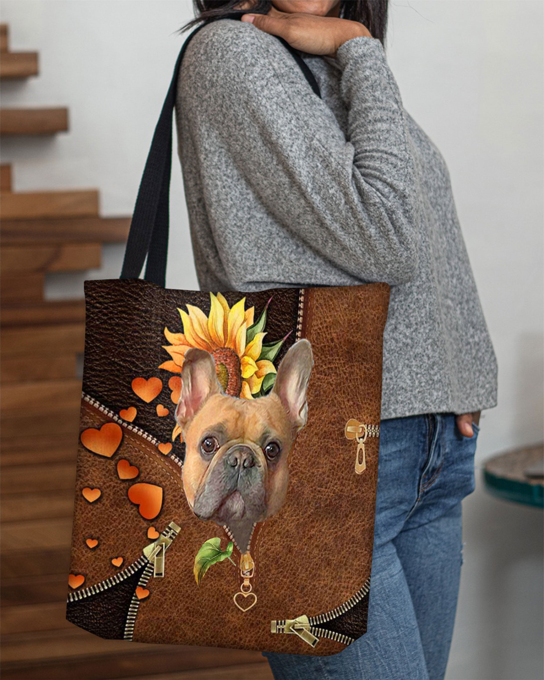 French Bulldog-Sunflower&zipper Cloth Tote Bag