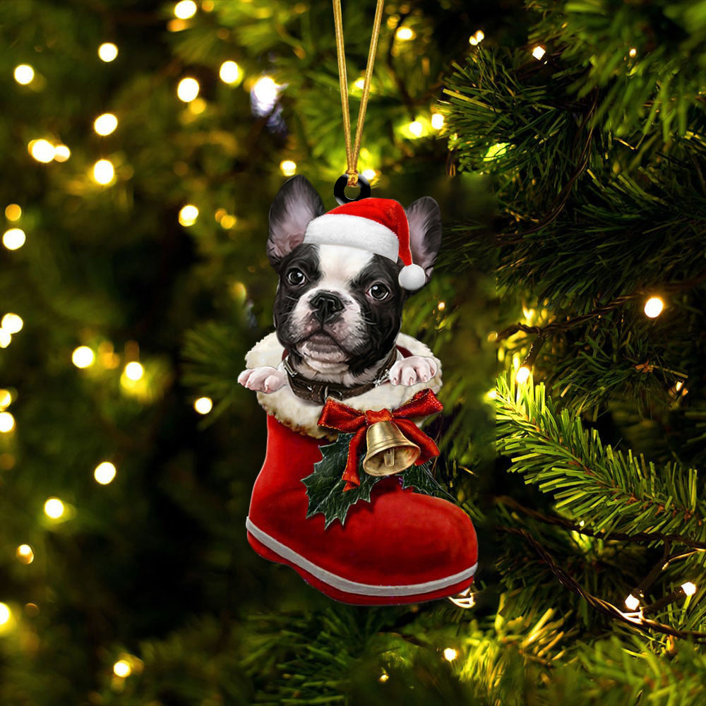 French Bulldog-1-In Santa Boot Christmas-Two Sided Ornament