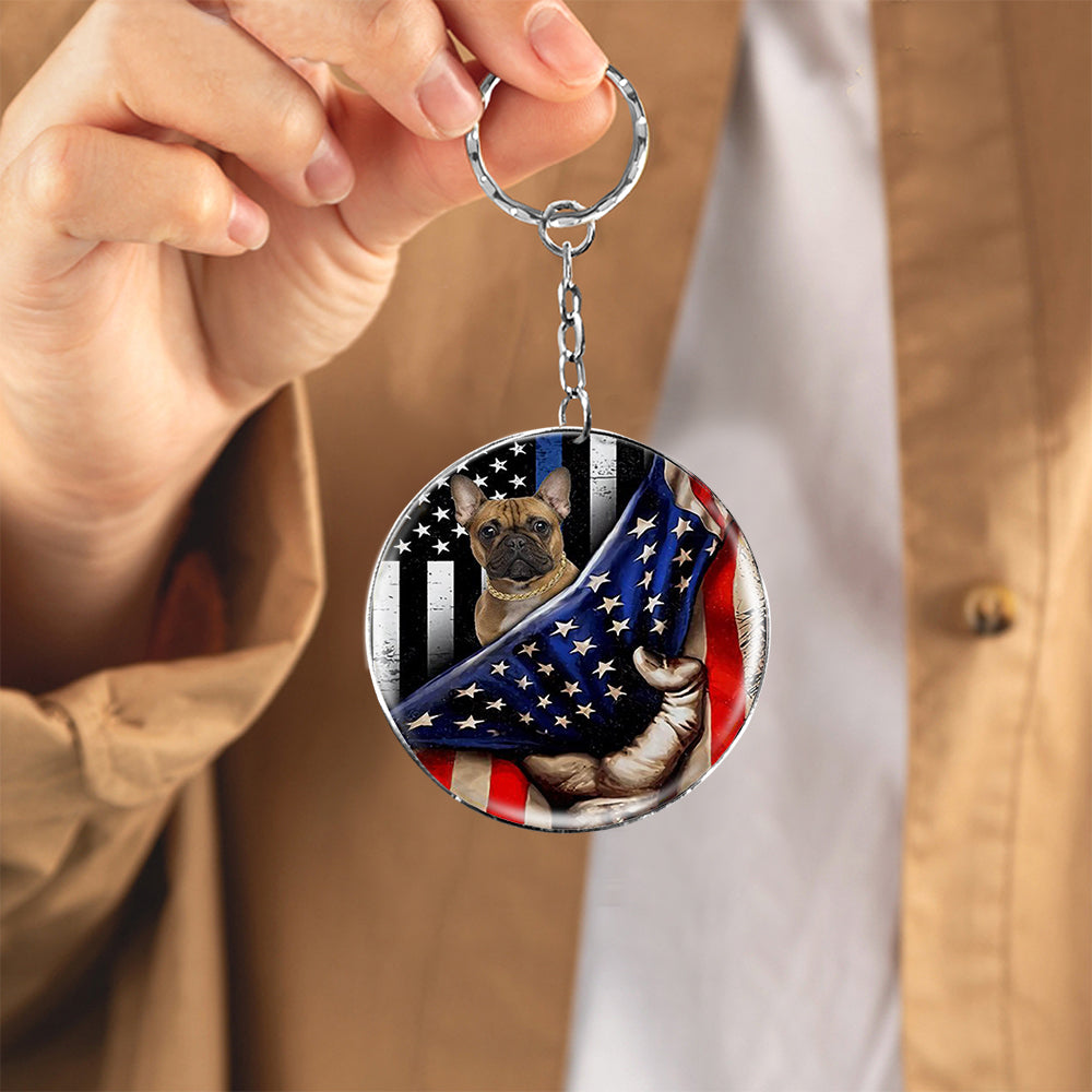 French Bulldog-Inside American Flag Independence Day Round Resin Epoxy Metal Keychain