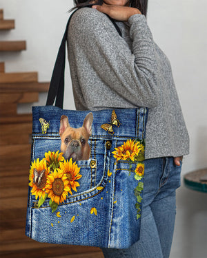 French Bulldog-Sunflowers & Butterflies Cloth Tote Bag