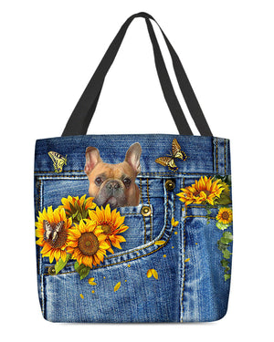 French Bulldog-Sunflowers & Butterflies Cloth Tote Bag